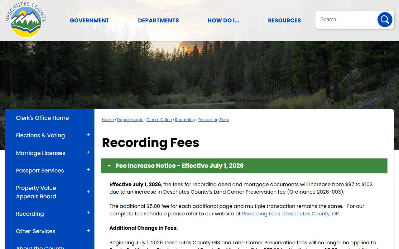 Deschutes County court clerk fees and county recording fee distinction