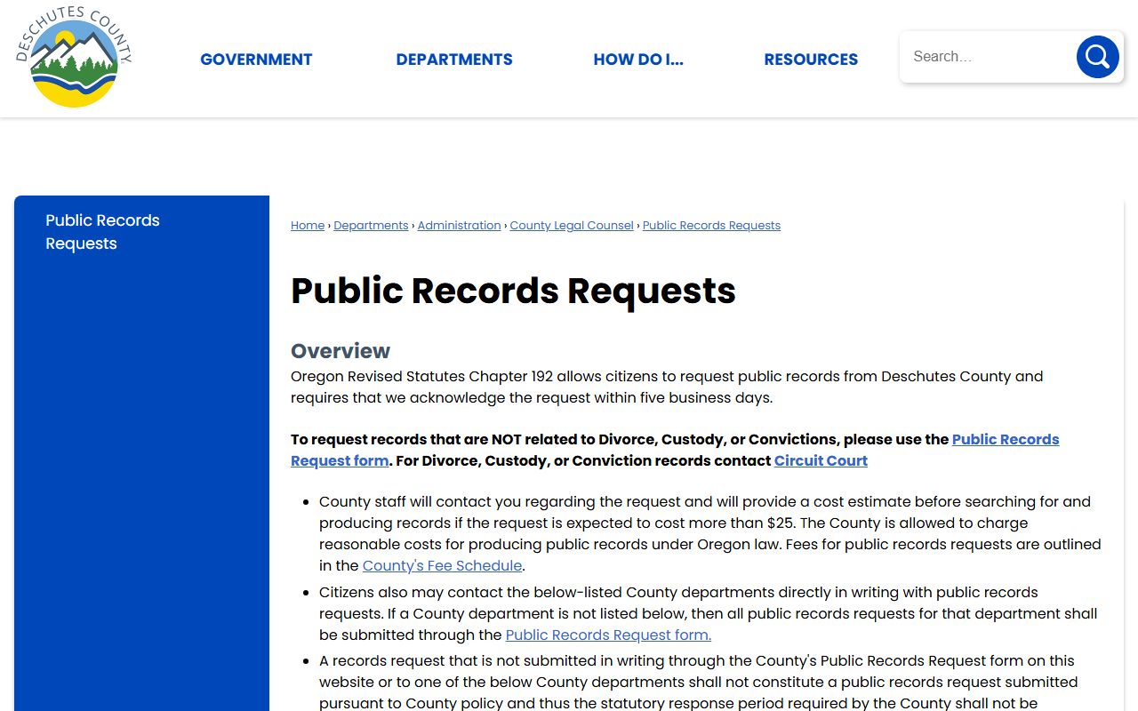 Deschutes County court clerk records and county public records request routing
