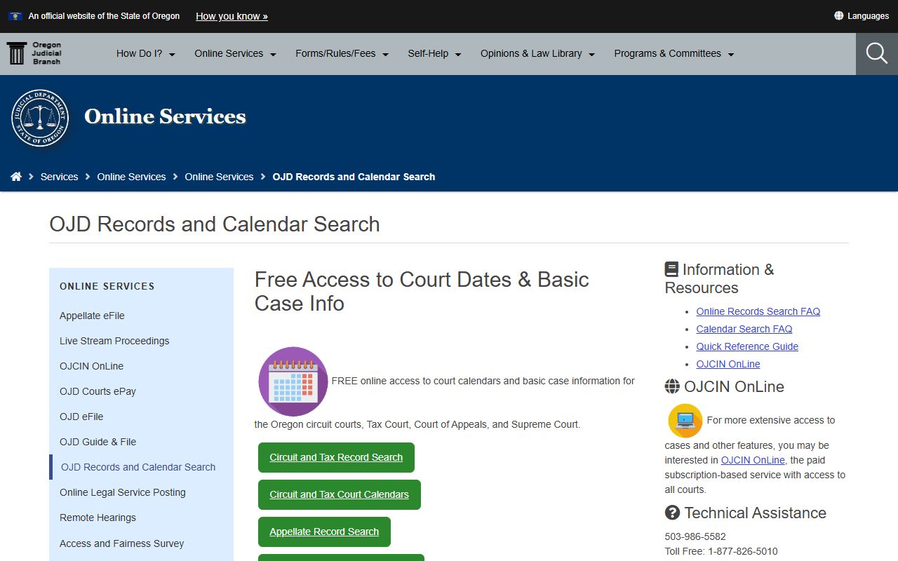 Deschutes County court dockets OJD records and calendars page