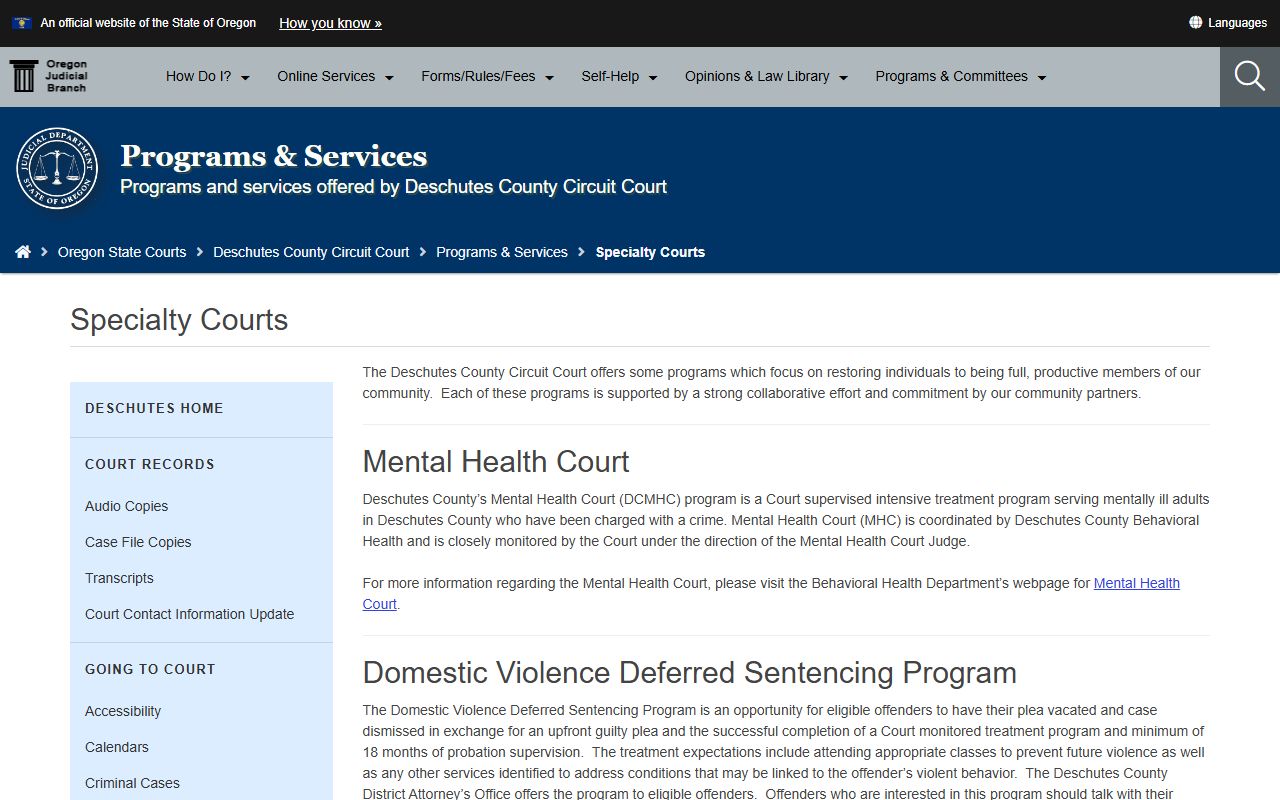 Deschutes County criminal court records therapeutic courts page