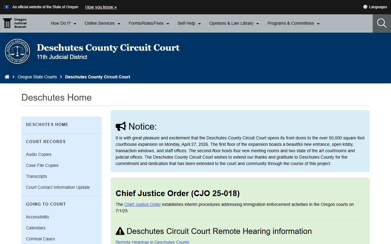 Deschutes County Court records at Deschutes Circuit Court home page