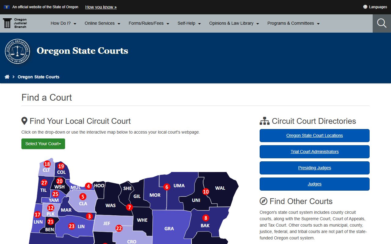 Deschutes County court records in the Oregon court system directory