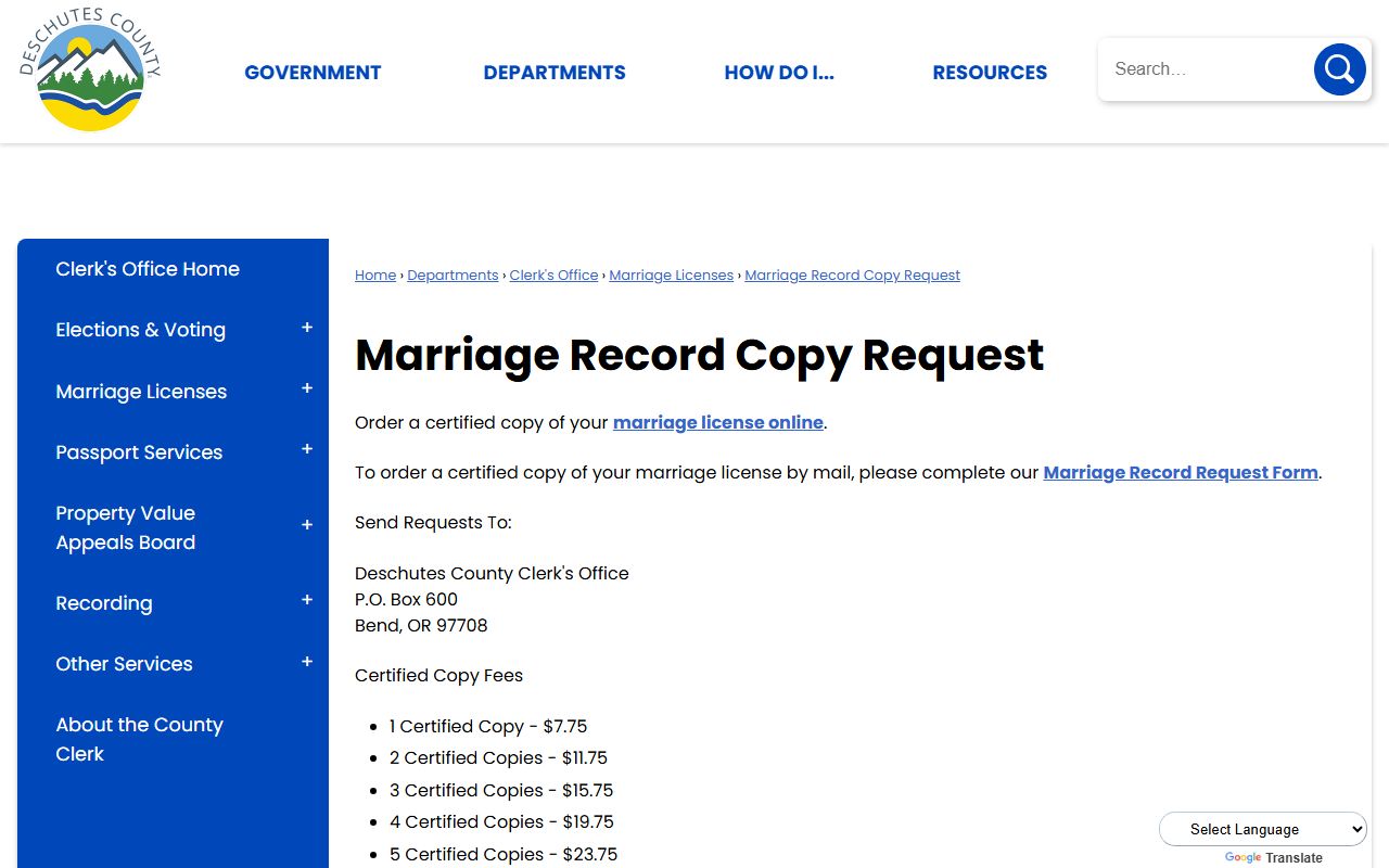 Deschutes County marriage records certified copy request