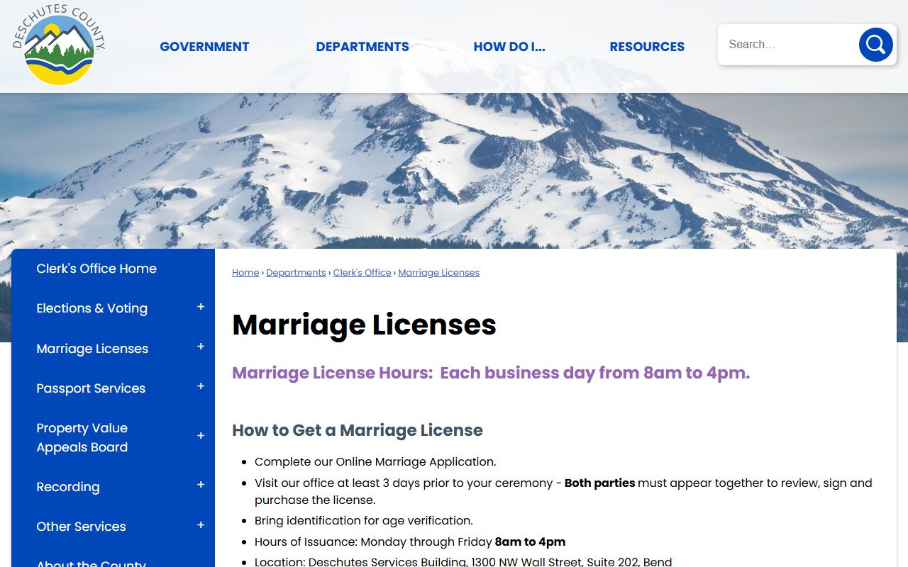 Deschutes County marriage records marriage license requirements