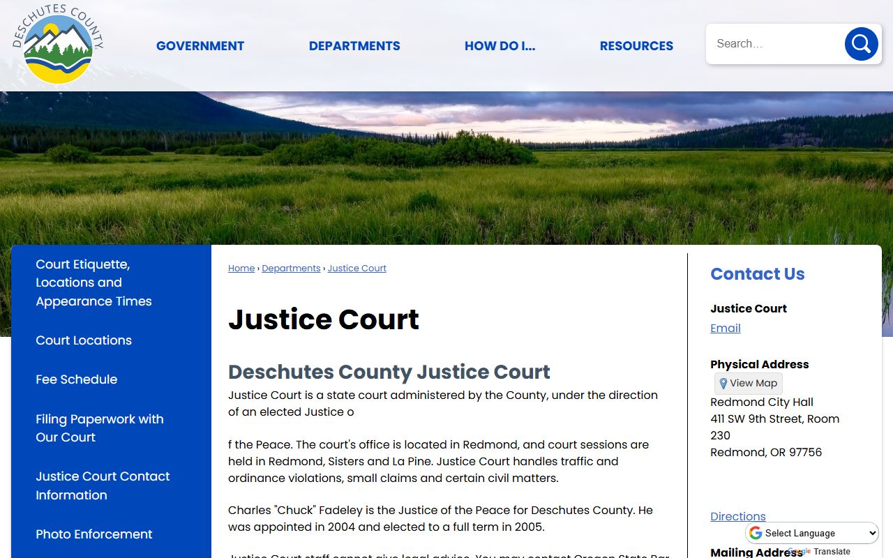 Deschutes County traffic court records Justice Court page