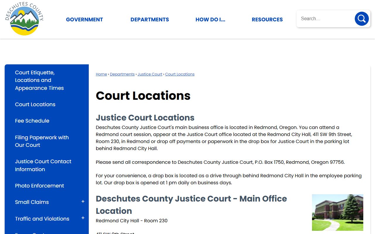 Deschutes County traffic court records Justice Court locations